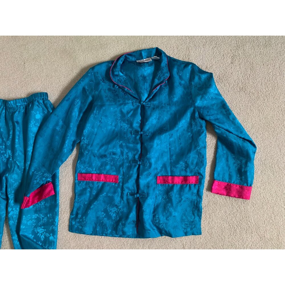BLOOMINGDALE'S VINTAGE Teal and Pink Floral Oriental Style Pajama Set Women's - Picture 2 of 7
